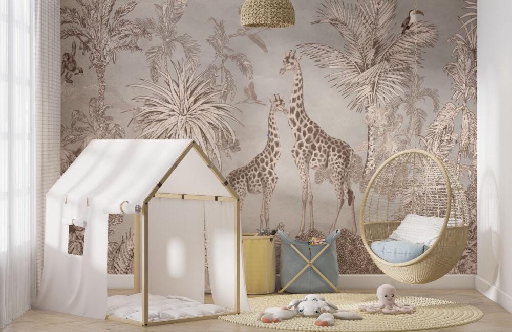 Animals and Tropical Tree in the Brown Tone Jungle Wallpaper, Illustration Safari Kids Wallpaper, Giraffe Wallpaper Nursery, Baby Wallpaper