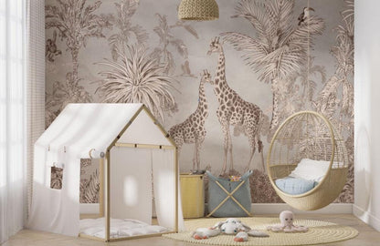Animals and Tropical Tree in the Brown Tone Jungle Wallpaper, Illustration Safari Kids Wallpaper, Giraffe Wallpaper Nursery, Baby Wallpaper