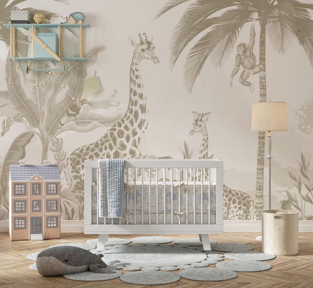 Animals and Tropical Tree in the Bright Tone Jungle Wallpaper, Illustration Safari Kids Wallpaper, Giraffe Wallpaper Nursery, Baby Wallpaper