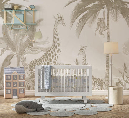 Animals and Tropical Tree in the Bright Tone Jungle Wallpaper, Illustration Safari Kids Wallpaper, Giraffe Wallpaper Nursery, Baby Wallpaper
