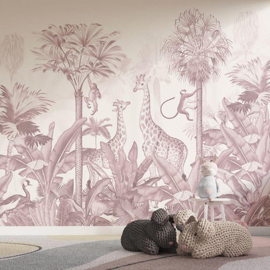Animals and Tropical Tree in the Pink Tone Jungle Wallpaper, Illustration Safari Kids Wallpaper, Giraffe Wallpaper Nursery, Baby Wallpaper