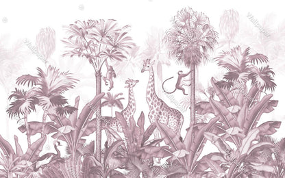 Animals and Tropical Tree in the Pink Tone Jungle Wallpaper, Illustration Safari Kids Wallpaper, Giraffe Wallpaper Nursery, Baby Wallpaper