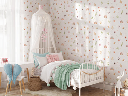 Colorful Minimal Flowers Girl Wallpaper, illustration Wallpaper Nursery, Peel Stick Watercolor Wallpaper, Rainbow Kids Wallpaper