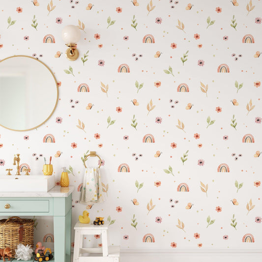 Colorful Minimal Flowers Girl Wallpaper, illustration Wallpaper Nursery, Peel Stick Watercolor Wallpaper, Rainbow Kids Wallpaper