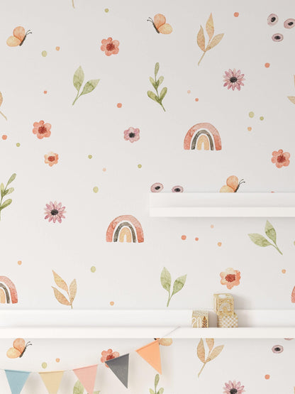 Colorful Minimal Flowers Girl Wallpaper, illustration Wallpaper Nursery, Peel Stick Watercolor Wallpaper, Rainbow Kids Wallpaper