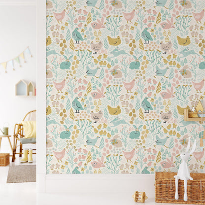 Easter Bunnies and Chicks Egg Pattern Wallpaper, Pastel Animal Themed Kids Room Wall Poster, Illustration Watercolor Girl Wallpaper Nursery