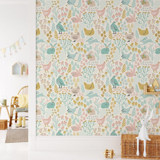 Easter Bunnies and Chicks Egg Pattern Wallpaper, Pastel Animal Themed Kids Room Wall Poster, Illustration Watercolor Girl Wallpaper Nursery