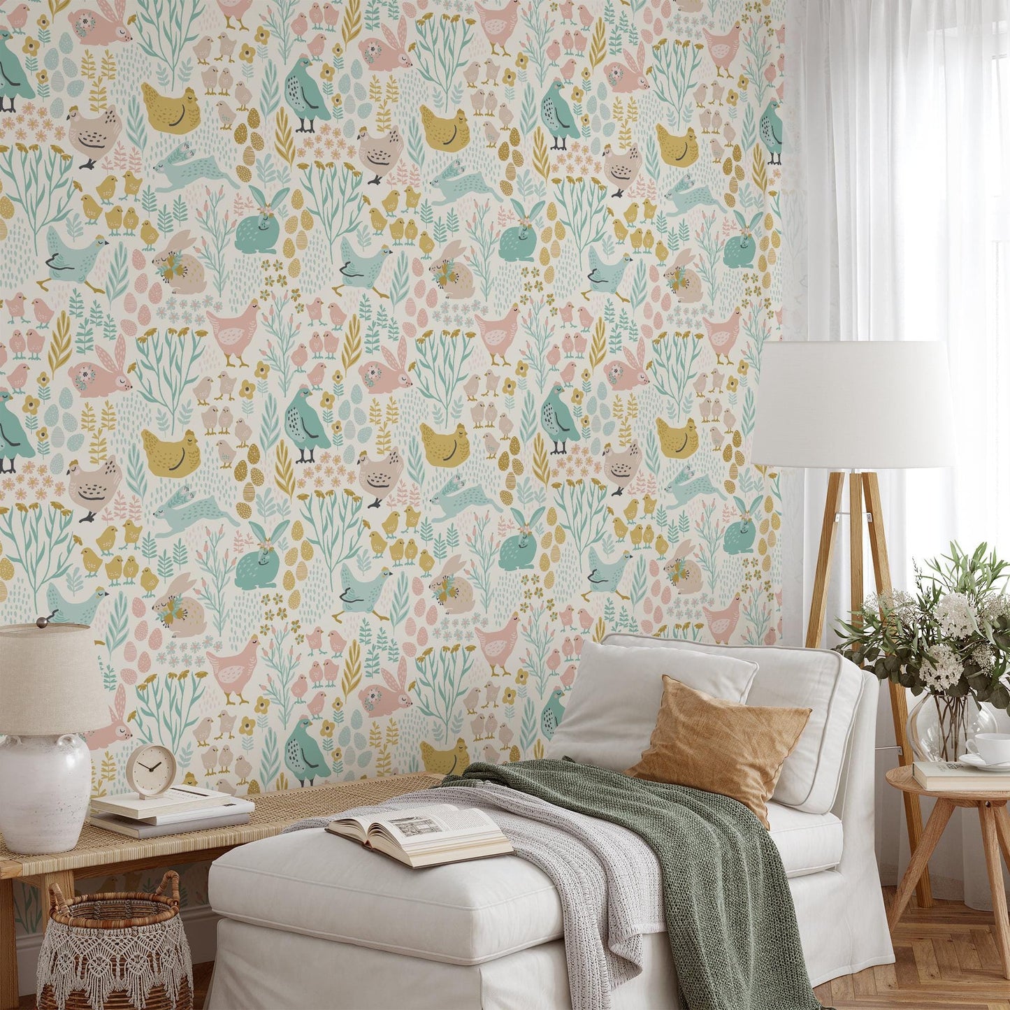Easter Bunnies and Chicks Egg Pattern Wallpaper, Pastel Animal Themed Kids Room Wall Poster, Illustration Watercolor Girl Wallpaper Nursery