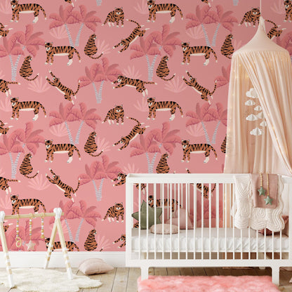 Flat Art Pink Tropical Trees and Tigers Wallpaper, Tropical 3D Wall Poster, Animal Themed Illustration Girl Wallpaper Nursery