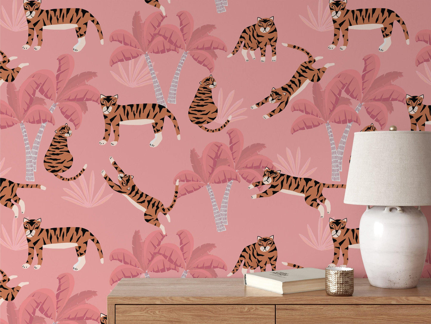 Flat Art Pink Tropical Trees and Tigers Wallpaper, Tropical 3D Wall Poster, Animal Themed Illustration Girl Wallpaper Nursery