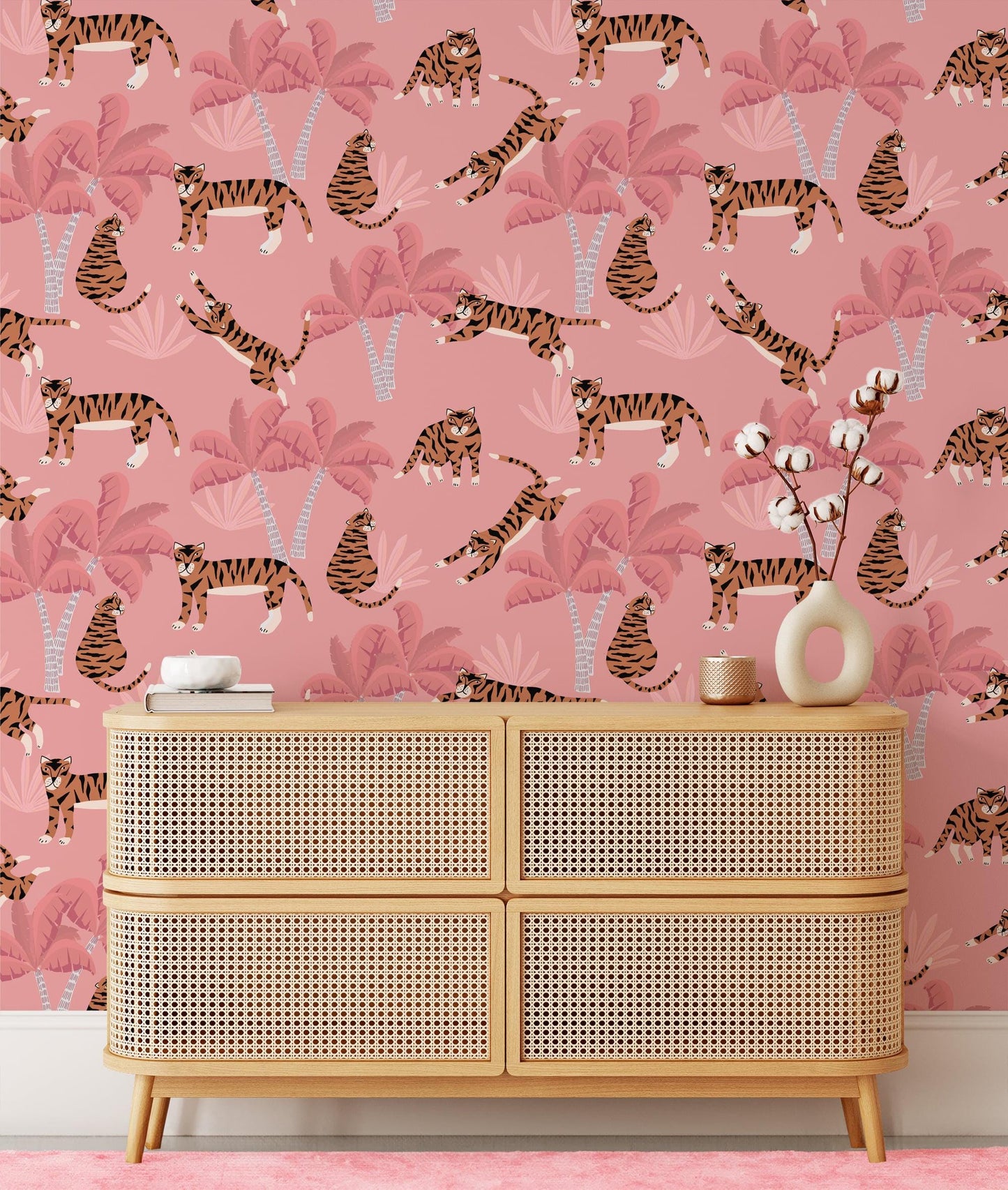 Flat Art Pink Tropical Trees and Tigers Wallpaper, Tropical 3D Wall Poster, Animal Themed Illustration Girl Wallpaper Nursery