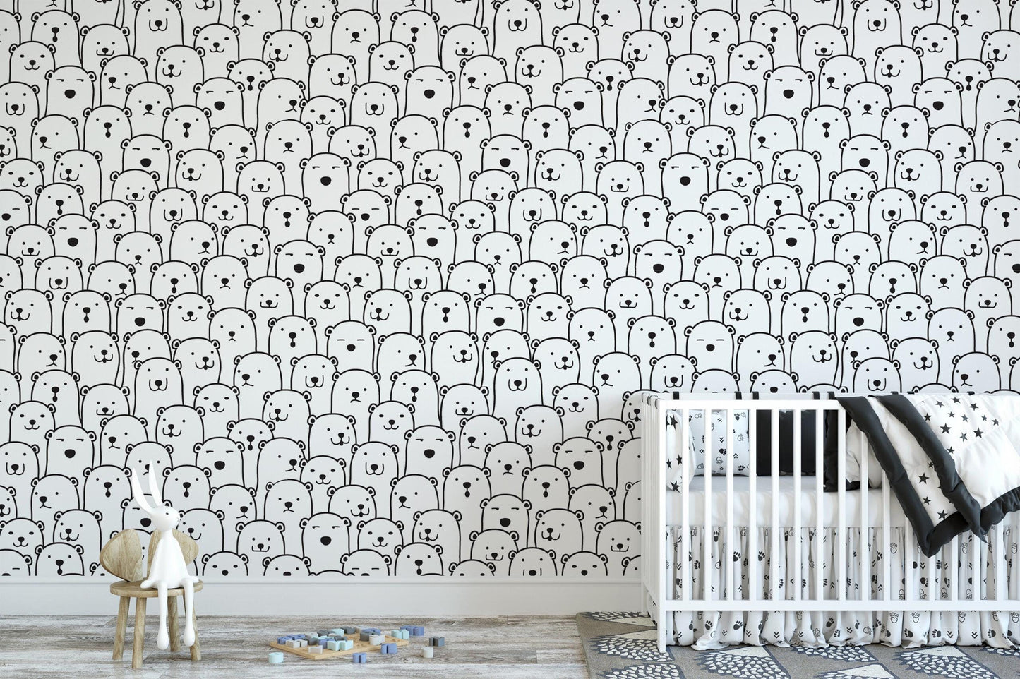 Cute Crowded Bears Line Art Pattern Kids Wallpaper, Cute Baby Room Sketch Wallpaper, Kids Room Wall Poster, Drawwing Wallpaper Nursery