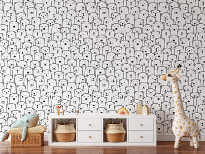 Cute Crowded Bears Line Art Pattern Kids Wallpaper, Cute Baby Room Sketch Wallpaper, Kids Room Wall Poster, Drawwing Wallpaper Nursery