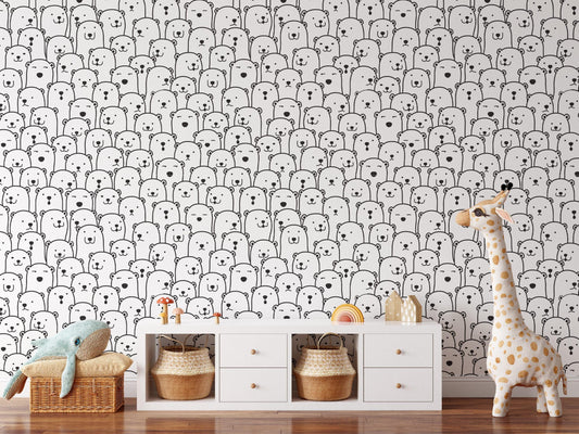 Cute Crowded Bears Line Art Pattern Kids Wallpaper, Cute Baby Room Sketch Wallpaper, Kids Room Wall Poster, Drawwing Wallpaper Nursery