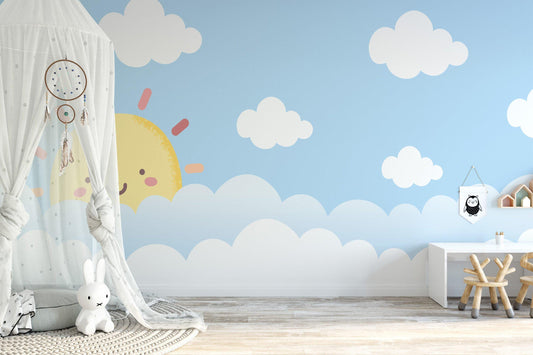 Cute Smiling Sun and Clouds Kids Room Wallpaper, Watercolor Sky and Sun Wallpaper For Kidsroom, Blue Child Wallpaper, Illustration Wallpaper