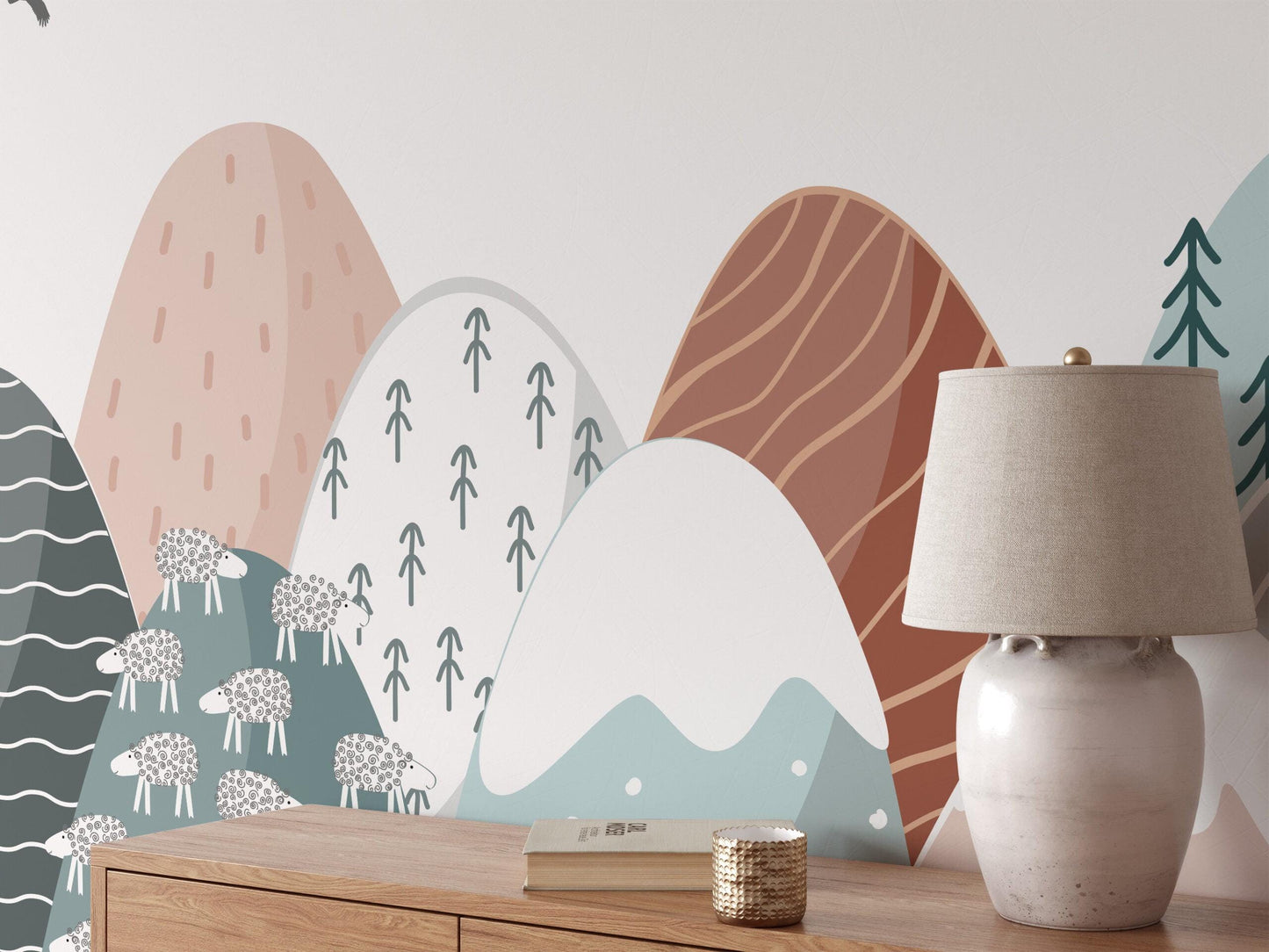 Modern Abstract Mountains Wallpaper, Colorful Mountain Geometric Pattern Kids Wallpaper, Boho Wallpaper, Peel & Stick Illustration Wallpaper