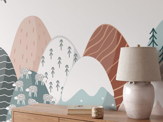 Modern Abstract Mountains Wallpaper, Colorful Mountain Geometric Pattern Kids Wallpaper, Boho Wallpaper, Peel & Stick Illustration Wallpaper