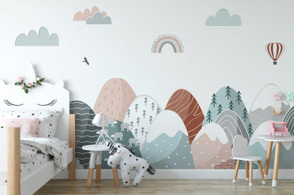 Modern Abstract Mountains Wallpaper, Colorful Mountain Geometric Pattern Kids Wallpaper, Boho Wallpaper, Peel & Stick Illustration Wallpaper
