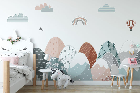 Modern Abstract Mountains Wallpaper, Colorful Mountain Geometric Pattern Kids Wallpaper, Boho Wallpaper, Peel & Stick Illustration Wallpaper