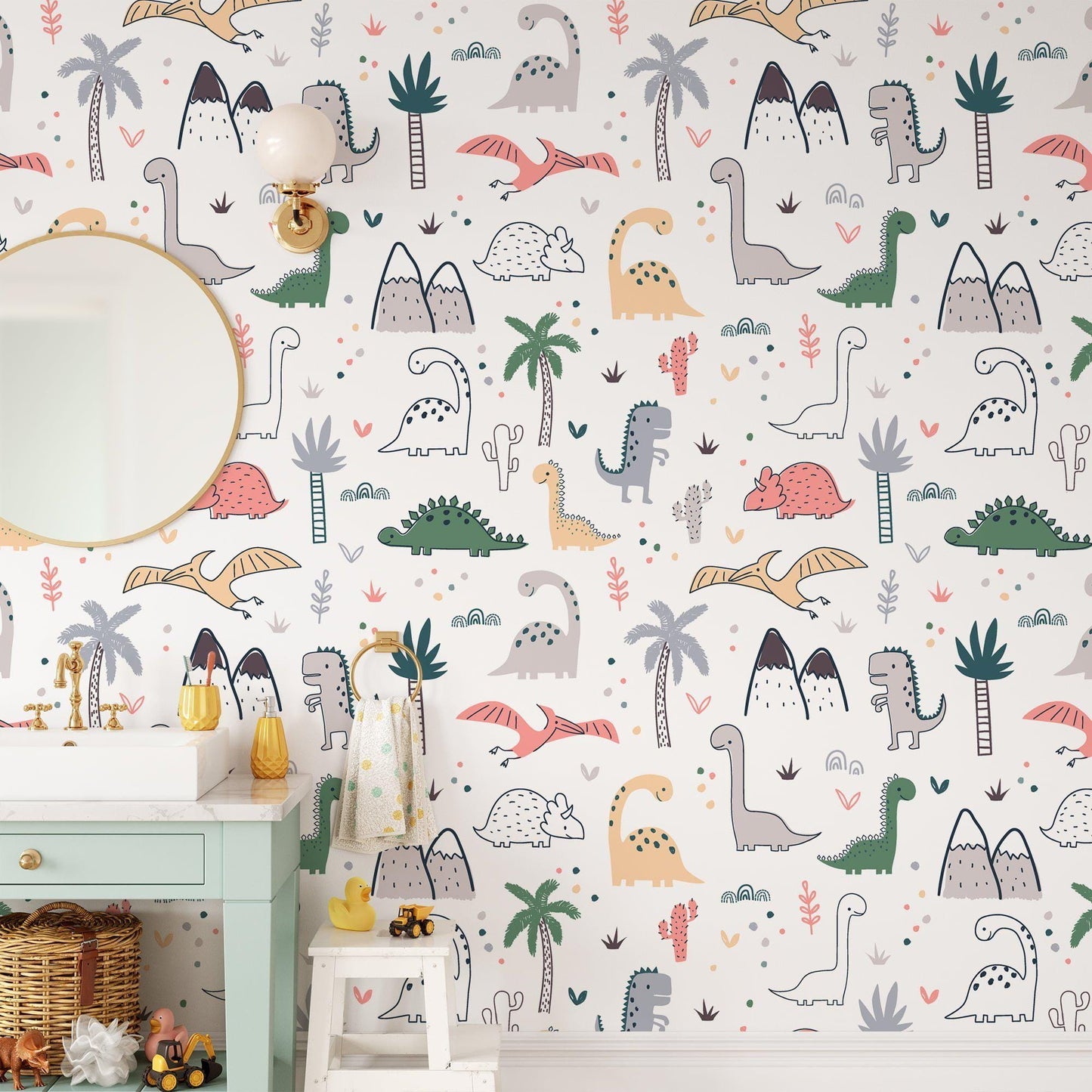 Doodle Dinosaur Drawings Wallpaper, Cute Drawing Dinosaur 3D Wall Poster, Kids Wallpaper, Cute Baby Room Sketch Wallpaper, Wallpaper Nursery