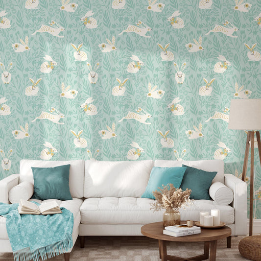 Cute Flat Art Easter Bunnies Kids Wallpaper, Soft Blue Wild Flower Wall Poster, Illustration Watercolor Wall Mural, Blue Wallpaper Nursery