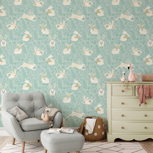 Cute Flat Art Easter Bunnies Kids Wallpaper, Soft Blue Wild Flower Wall Poster, Illustration Watercolor Wall Mural, Blue Wallpaper Nursery