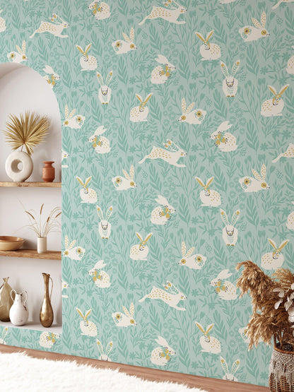 Cute Flat Art Easter Bunnies Kids Wallpaper, Soft Blue Wild Flower Wall Poster, Illustration Watercolor Wall Mural, Blue Wallpaper Nursery