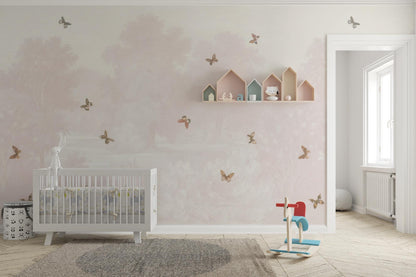 Pink Forest and Butterflies Baby Girl Wallpaper, Sky Wall Poster, Soft Pink Background Baby Room Wallpaper, Illustration Wallpaper Nursery