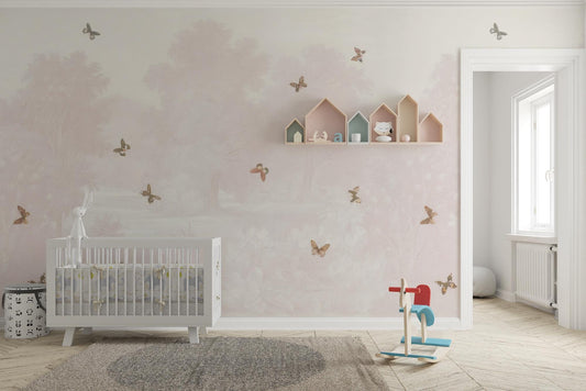 Pink Forest and Butterflies Baby Girl Wallpaper, Sky Wall Poster, Soft Pink Background Baby Room Wallpaper, Illustration Wallpaper Nursery