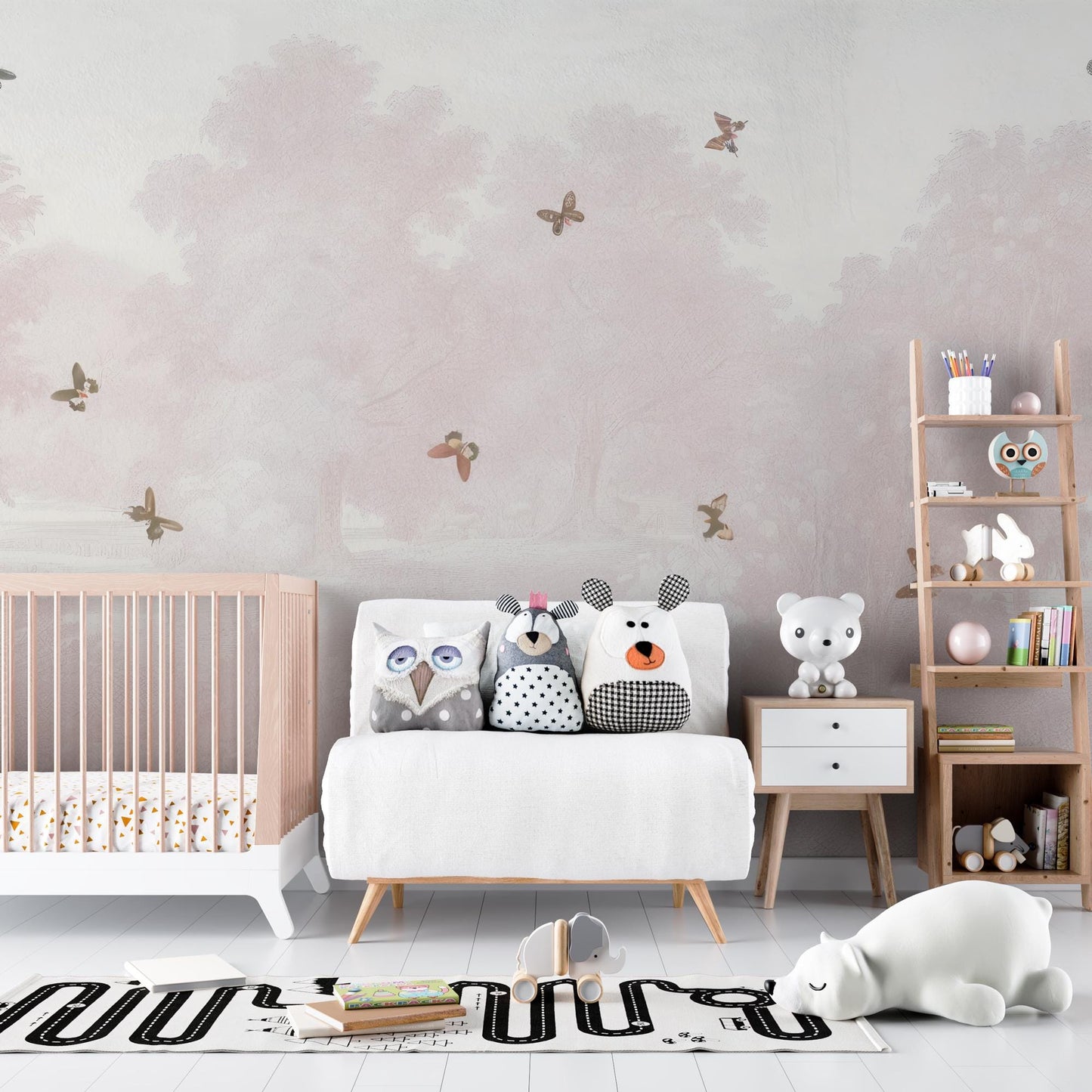 Pink Forest and Butterflies Baby Girl Wallpaper, Sky Wall Poster, Soft Pink Background Baby Room Wallpaper, Illustration Wallpaper Nursery