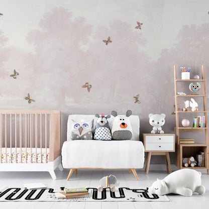Pink Forest and Butterflies Baby Girl Wallpaper, Sky Wall Poster, Soft Pink Background Baby Room Wallpaper, Illustration Wallpaper Nursery