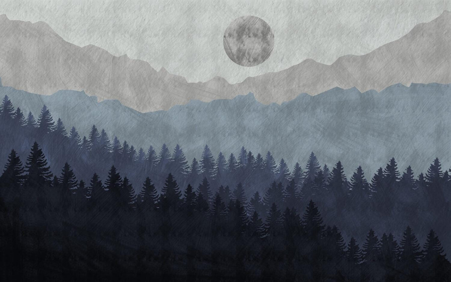 Moon and forest wallpaper in Blue Gray Tones, Pine Tree Shady Wallpaper, Illustration Mountain Wallpaper, Watercolor Wallpaper Nursery