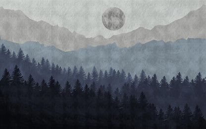 Moon and forest wallpaper in Blue Gray Tones, Pine Tree Shady Wallpaper, Illustration Mountain Wallpaper, Watercolor Wallpaper Nursery