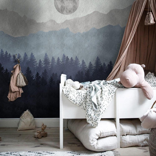 Moon and forest wallpaper in Blue Gray Tones, Pine Tree Shady Wallpaper, Illustration Mountain Wallpaper, Watercolor Wallpaper Nursery