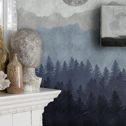 Moon and forest wallpaper in Blue Gray Tones, Pine Tree Shady Wallpaper, Illustration Mountain Wallpaper, Watercolor Wallpaper Nursery