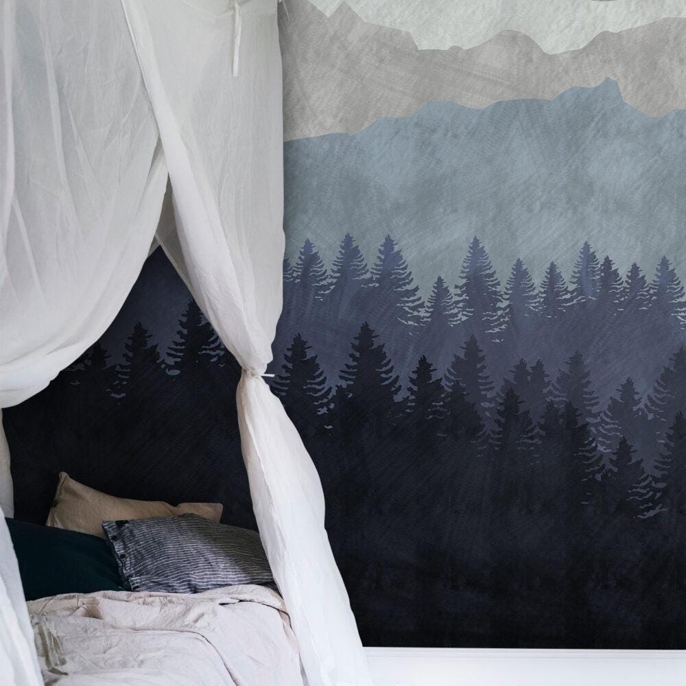 Moon and forest wallpaper in Blue Gray Tones, Pine Tree Shady Wallpaper, Illustration Mountain Wallpaper, Watercolor Wallpaper Nursery