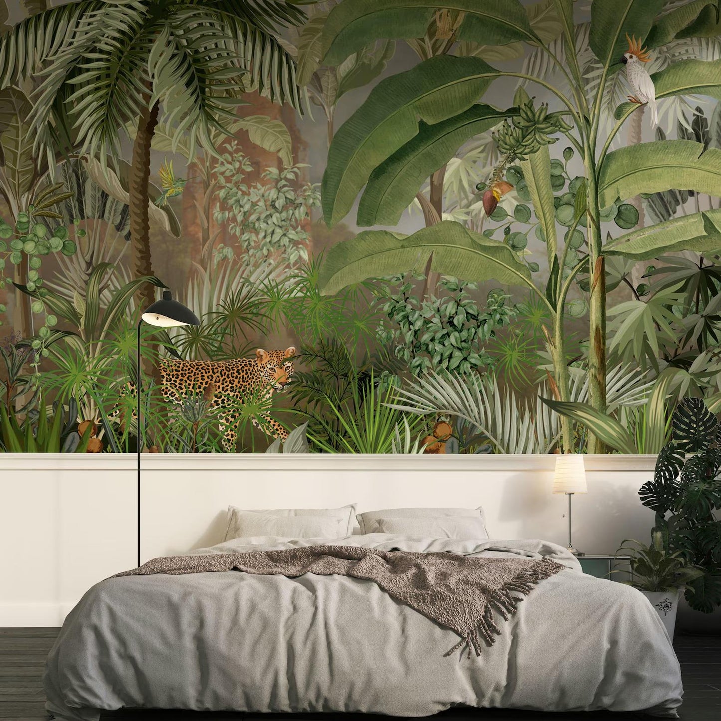 Leopard and Tropical Forest Wallpaper, Rainforest Wallpaper, Exotic Plant Floral Wallpaper, Palm Trees Bohemian Wallpaper, Wild Wallpaper