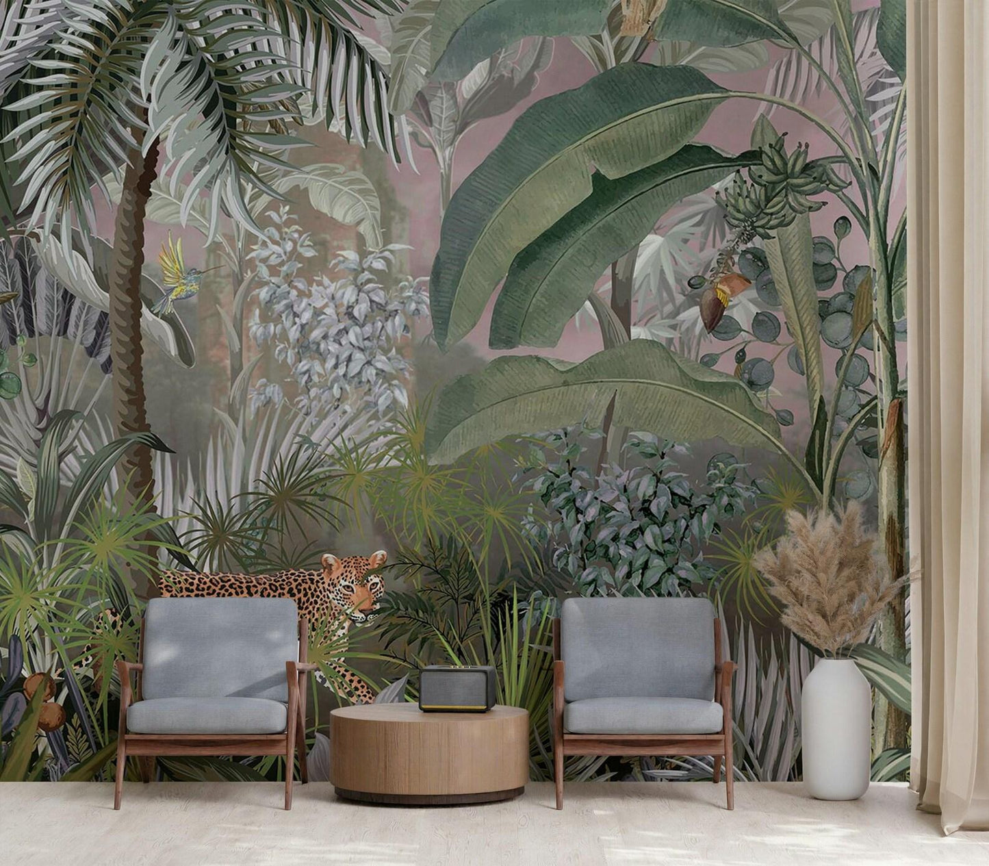 Leopard and Gray Tropical Forest Wallpaper, Wild Rainforest Wallpaper, Exotic Plant Floral Wallpaper, Palm Trees Bohemian Wallpaper