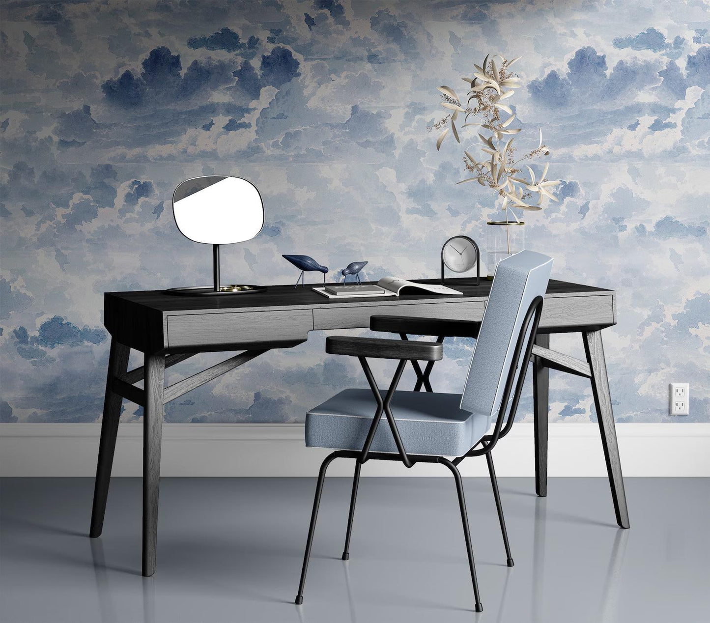 Blue Clouds Wallpaper For Kidsroom, Watercolor Wallpaper Nursery, Blue Child Wallpaper, Illustration Sky Wallpaper, Baby Boy Wallpaper