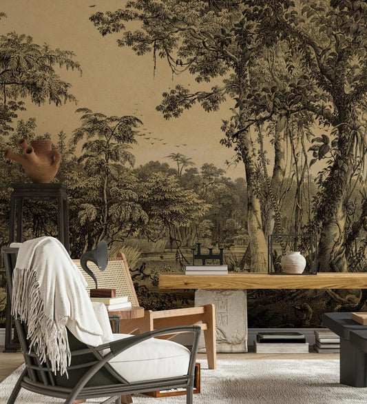 Vintage Forest Wallpaper, Trees Wallpaper, Bohemian Wall Mural, Peel and Stick Wallpaper, Mystic Room Design