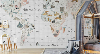 World Map Animal and Geographical Symbols Wallpaper For Kidsroom, Child Wallpaper , Peel and Stick Wall Mural Nursery, Cute Baby Wallpaper