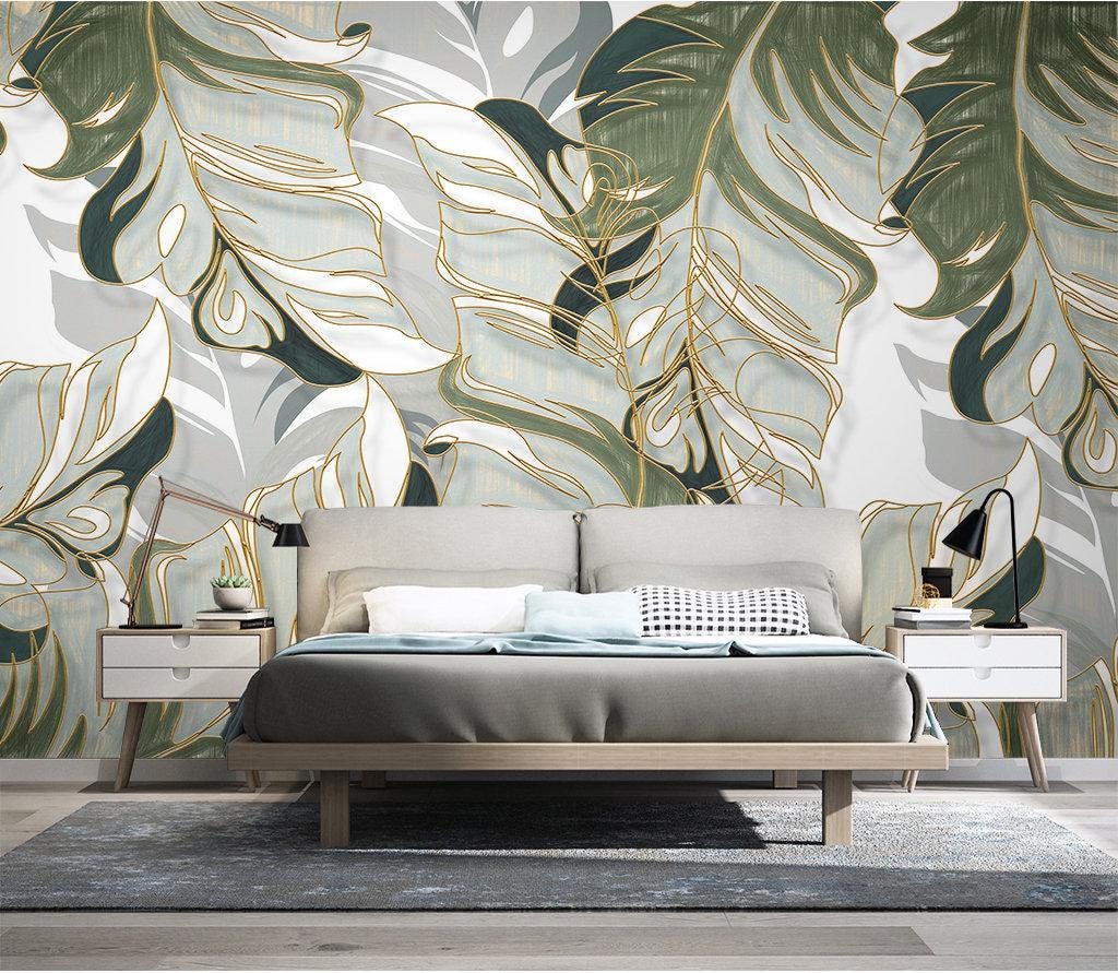 Green Leaves Wallpaper, Nature Illustration Wallpaper, Design Botany Mural, Peel and Stick Wallpaper, Stylish Tropical Drawwing Wallpaper
