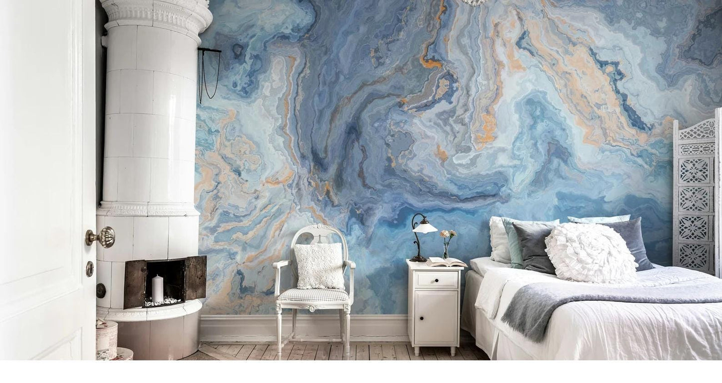 Blue Watered Marble Wallpaper, Abstract Marble Texture Cool Wall Mural, Stylish Wall Design, Modern Wallpaper, Blue Wallpaper