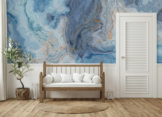 Blue Watered Marble Wallpaper, Abstract Marble Texture Cool Wall Mural, Stylish Wall Design, Modern Wallpaper, Blue Wallpaper