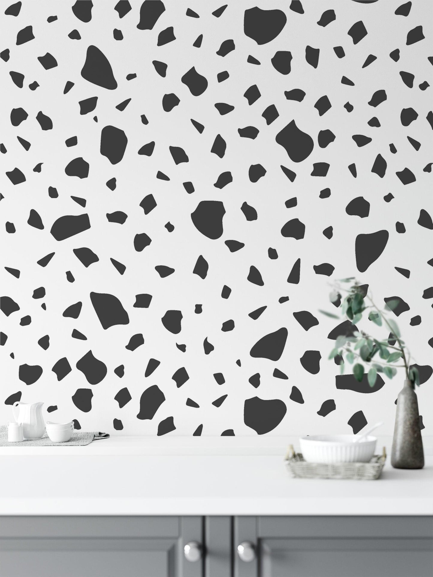 Dark Gray Block Pattern Wallpaper, Minimalist Terrazzo Black & White 3D Kids Wallpaper, Line Art Pattern Wallpaper Nursery, Baby Wallpaper