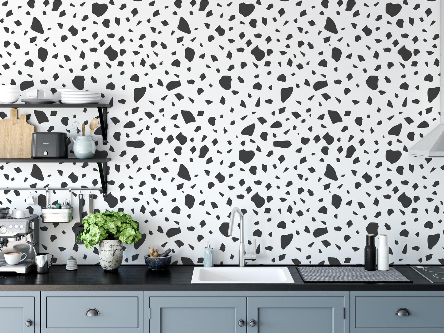 Dark Gray Block Pattern Wallpaper, Minimalist Terrazzo Black & White 3D Kids Wallpaper, Line Art Pattern Wallpaper Nursery, Baby Wallpaper