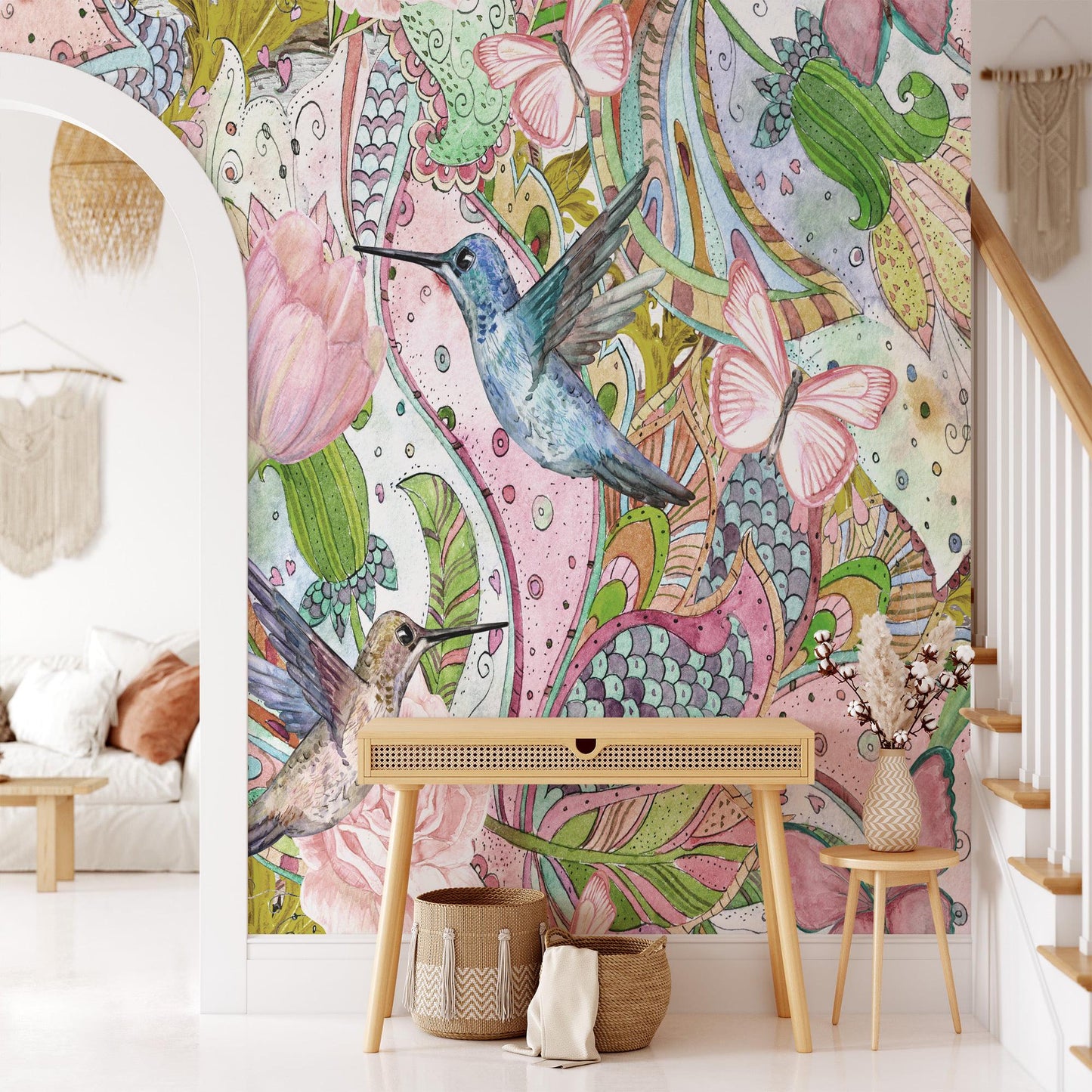 Flowers Tulip Hummingbird Butterflies Wallpaper, Cheerful Colorful Artistic Wall Poster, Illustration Wallpaper, Watercolor Art Wallpaper