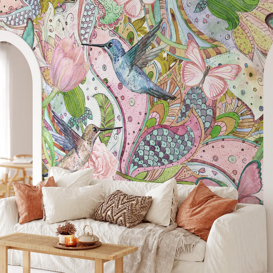Flowers Tulip Hummingbird Butterflies Wallpaper, Cheerful Colorful Artistic Wall Poster, Illustration Wallpaper, Watercolor Art Wallpaper