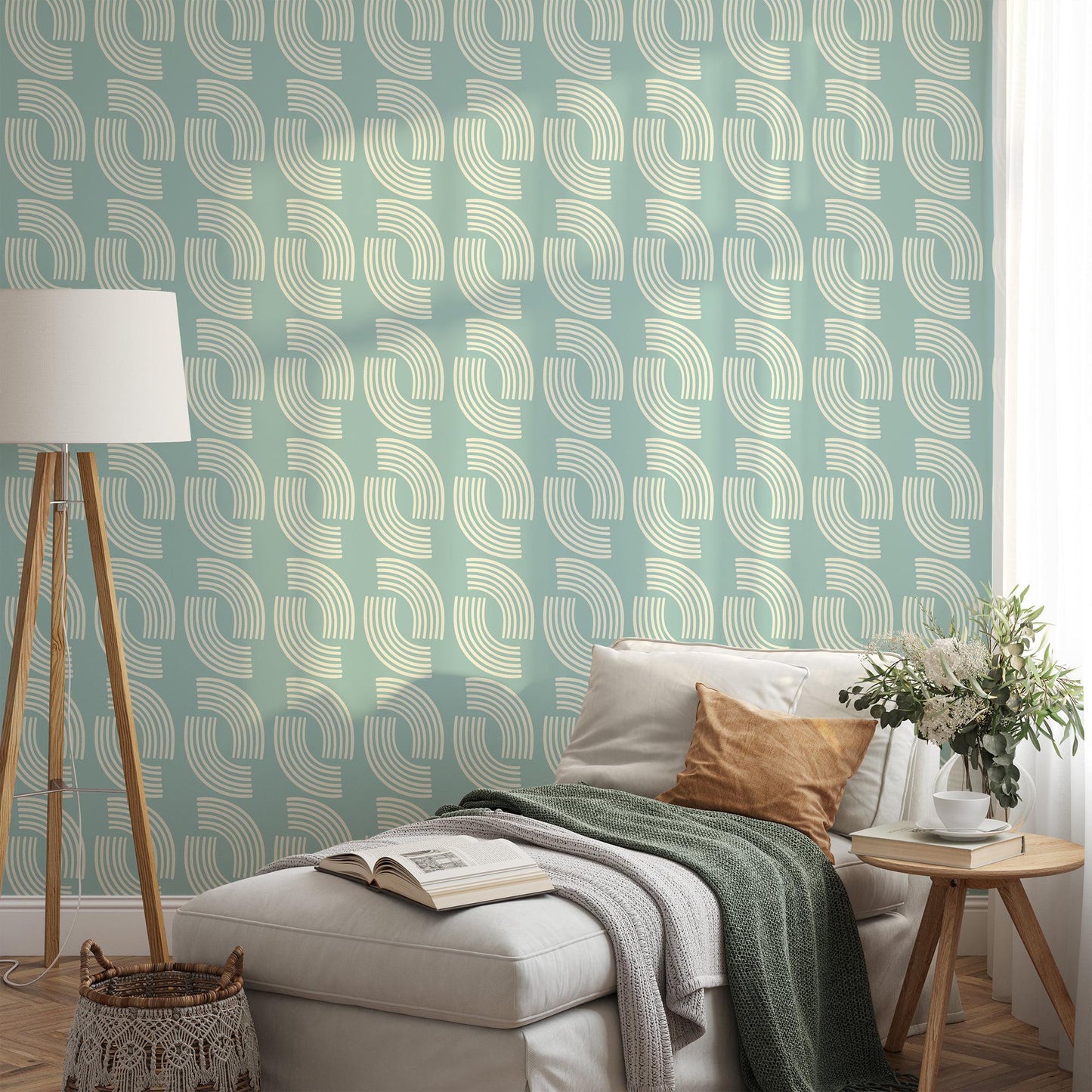 Mint Green Minimalist Wallpaper in Pastel Blue Shades, Stylish Modern Lines Artistic 3D Wall Poster, Geometric Wallpaper, Boho Wallpaper