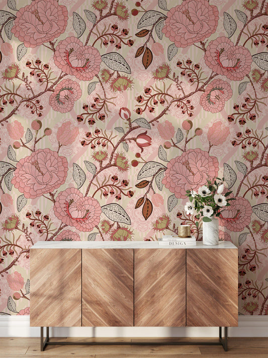Pink Paisley Damask Style Wallpaper, Vintage Pink Rose Garden Wall Poster, Pink Flowers Wallpaper, Illustration Ethnic Flowers Wallpaper